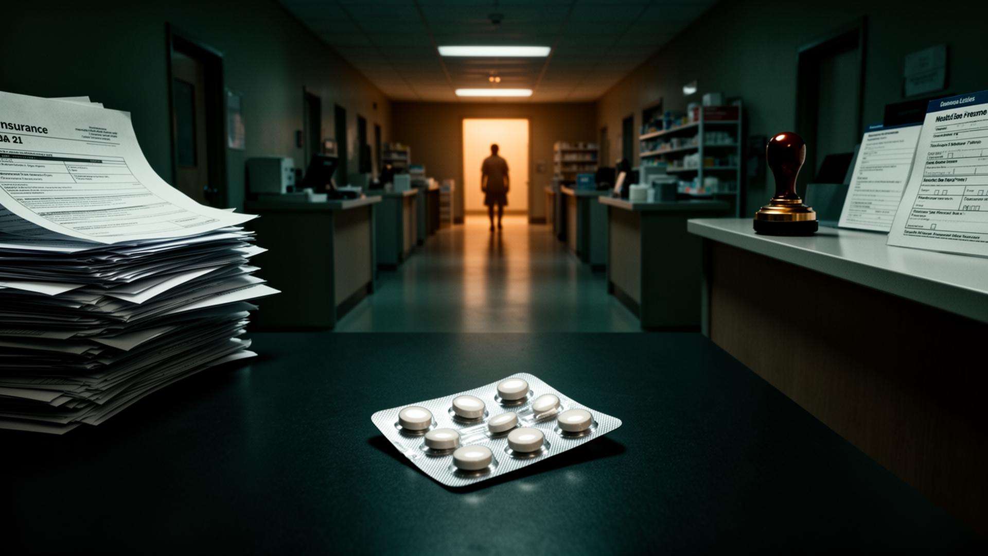 A blister pack of medicine at the start of a long pharmacy corridor lined with insurance paperwork, approval stamps and counters, with a patient walking toward a distant light - illustrating the operational handoffs a medicine passes through before treatment begins